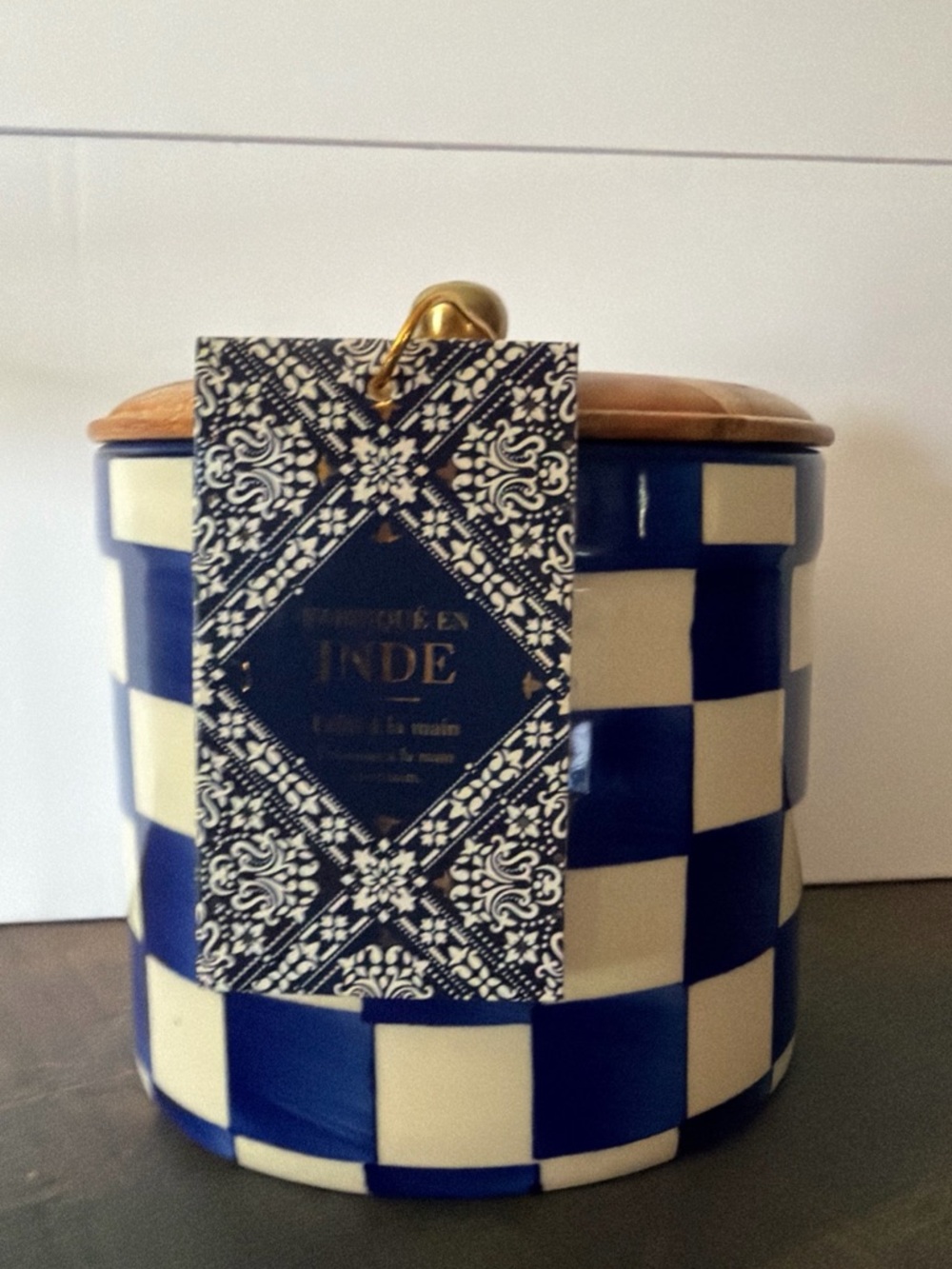 New Blue and White Checker Ceramic Canister with Wooden Lid